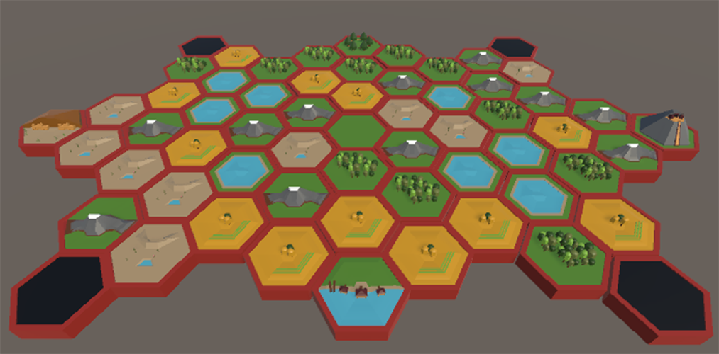A map of Hex tiles made for the boardgame Uncivilized